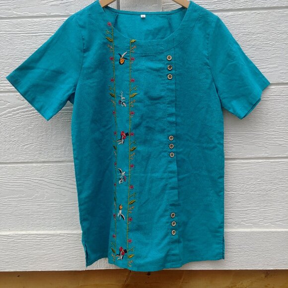 Tops - Bright blue embroidered short sleeve blouse top Medium